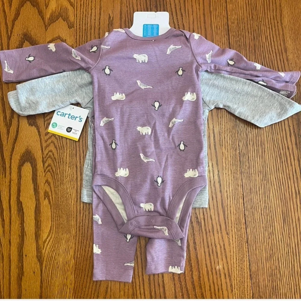 Carter's Baby Girl Gray and Lavender Penguin Pajama 3-Piece Set Size 6 Months